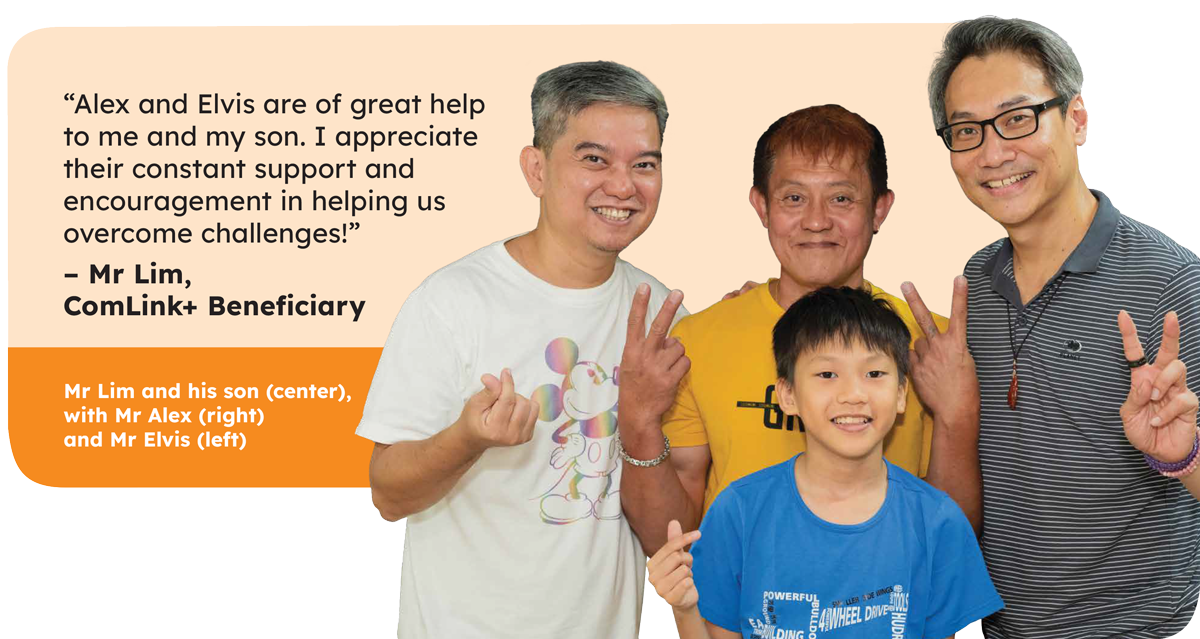 Photo of ComLink+ beneficiary Mr Lim and his son, with Mr Alex and Mr Elvis