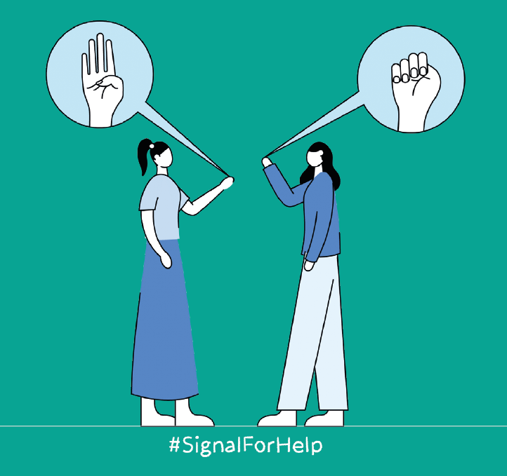 women signalling to each other the handsigns for protection from violence