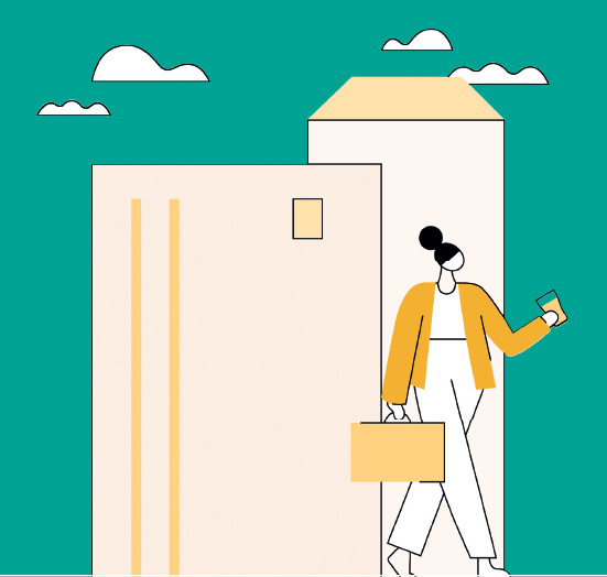 Woman leaving house on the way to work (Cartoon)