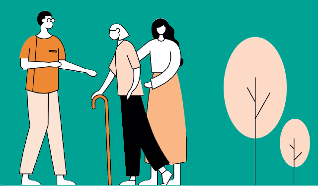 Caretaker and elderly woman (Cartoon)
